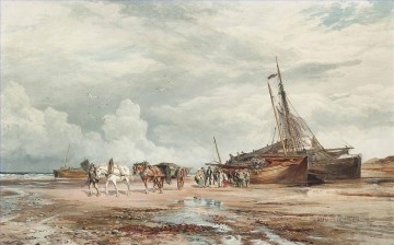 Samuel Rama Painting - Descarga de los barcos 2 Paisaje de Samuel Bough